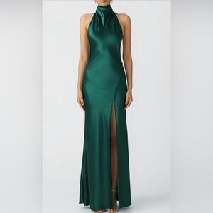 SAU LEE Elegant Green Satin Halter Dress